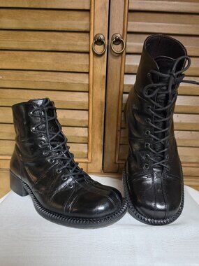 Vtg Y2K Leather Ankle Lace Boots Italy 42.5 US 9.5 Cyber Grunge Goth Square Toe